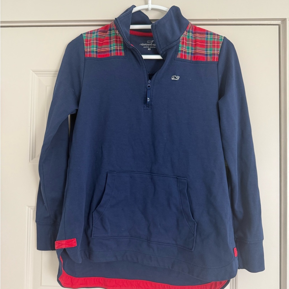 Navy Pullover with Red Plaid Accents